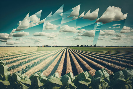 double-exposure of row of crops growing in a field, with blue sky and clouds visible above, created with generative aiの素材