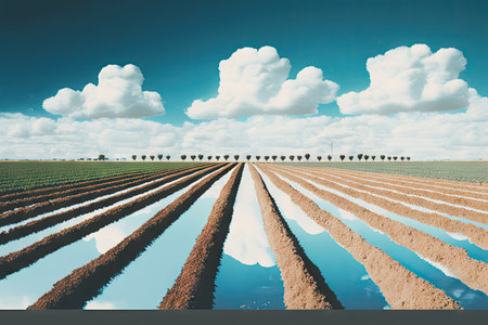 double-exposure of row of crops growing in a field, with blue sky and clouds visible above, created with generative aiの素材