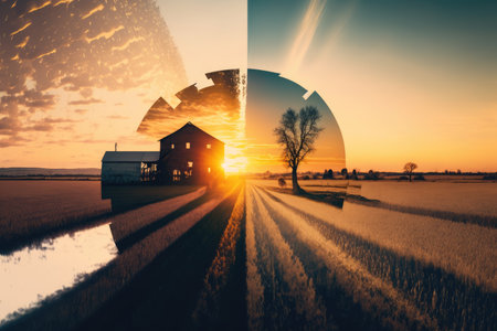 double exposure of farm with sunset on the horizon, showing how the sun and sky change over time, created with generative aiの素材