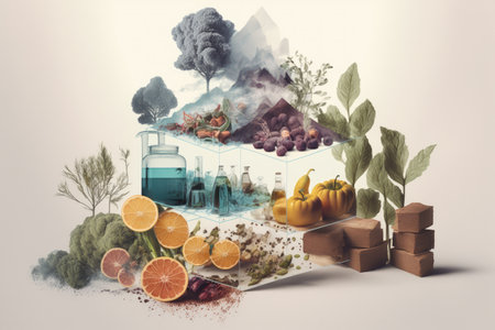 food production process, with ingredients and tools arranged in a double exposure, created with generative aiの素材