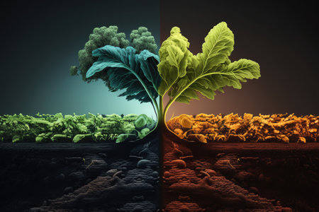 two types of crops growing in tandem in rich and fertile soil, created with generative aiの素材