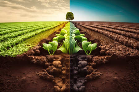 two types of crops growing in tandem in rich and fertile soil, created with generative aiの素材
