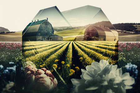 double exposure of view of farm with crops growing in the foreground and flowering meadow in the background, created with generative aiの素材
