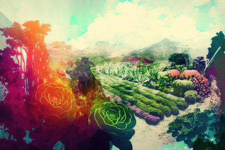 double-exposure of vegetable garden, with bright and vibrant colors, created with generative aiの素材