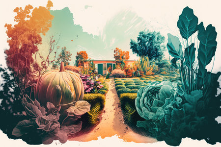 double-exposure of vegetable garden, with bright and vibrant colors, created with generative aiの素材