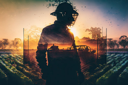 double-exposure image of a farmworker harvesting crops with superimposed sunset sky, created with generative aiの素材