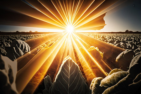 close-up of a shining sun, with double exposure of rows of food crops, created with generative aiの素材