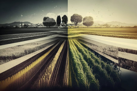 abstract double exposure of rows of crops and the natural landscape, created with generative aiの素材