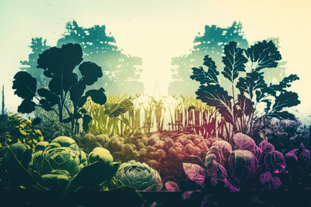 double-exposure of close-up of vegetable garden, with lush and colorful greens in the foreground, created with generative aiの素材
