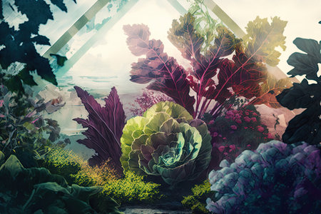 double-exposure of close-up of vegetable garden, with lush and colorful greens in the foreground, created with generative aiの素材