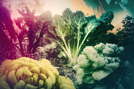 double-exposure of close-up of vegetable garden, with lush and colorful greens in the foreground, created with generative aiの素材