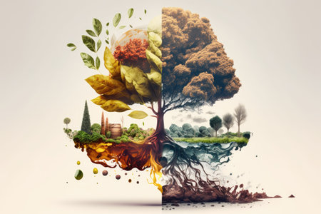 food production double exposure with elements of nature, such as a tree or stream, created with generative aiの素材