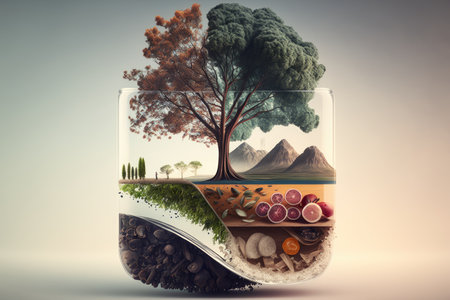 food production double exposure with elements of nature, such as a tree or stream, created with generative aiの素材