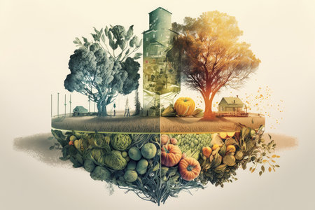 double-exposure of a variety of foods being grown and harvested, created with generative aiの素材