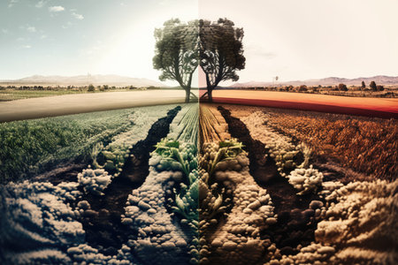 double-exposure of fields of crops growing side by side, with one field maturing and the other just sprouting, created with generative aiの素材