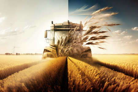 double-exposure of field of wheat in full bloom and harvesting process, created with generative aiの素材