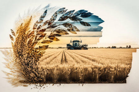 double-exposure of field of wheat in full bloom and harvesting process, created with generative aiの素材