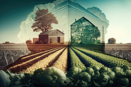 double-exposure of a farm, with crops growing in the foreground and harvest in the background, created with generative aiの素材