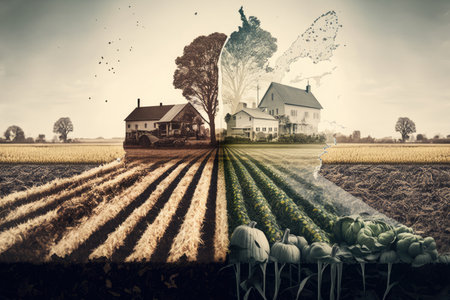 double-exposure of a farm, with crops growing in the foreground and harvest in the background, created with generative aiの素材