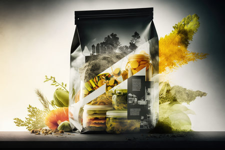 food production double exposure with superimposed image of packaging and branding for produce, created with generative aiの素材