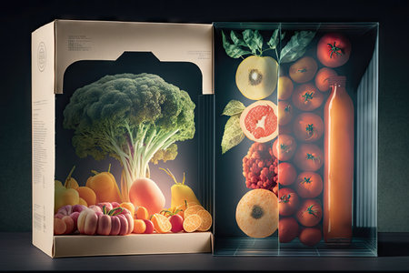 food production double exposure with superimposed image of packaging and branding for produce, created with generative aiの素材