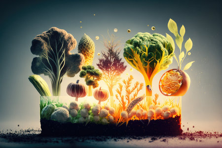 food production double exposure with stop motion, showing the process of growing vegetables from seed to harvest, created with generative aiの素材