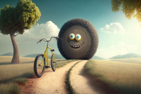 person, riding bicycle with funny character tire on scenic trail, created with generative aiの素材