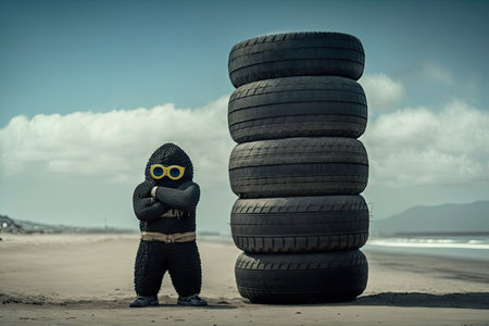 character, posing with stack of tires and beach in the background, created with generative aiの素材