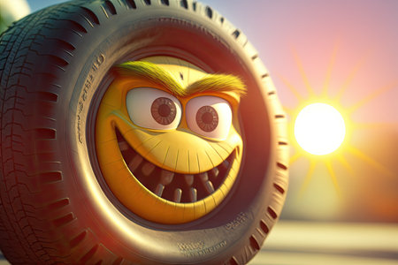 close-up of funny characters face, with summer tires and sunshine in the background, created with generative aiの素材