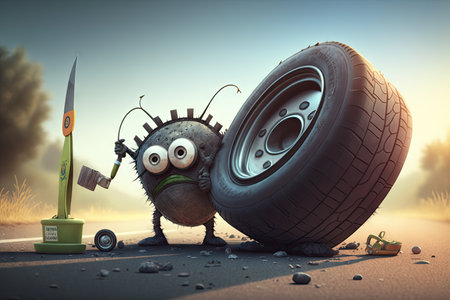 funny character trying to fix broken tire on hot summer day, created with generative aiの素材