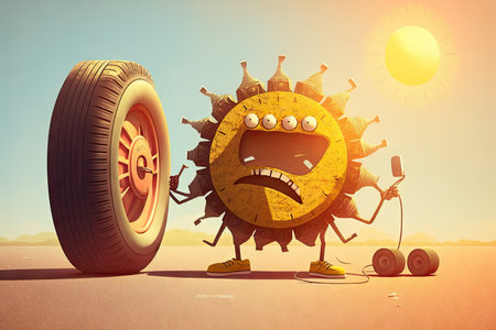 humorous illustration of character changing tires in hot summer sun, created with generative aiの素材