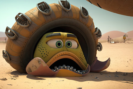 close-up of funny characters sandal, with tire in the background, created with generative aiの素材
