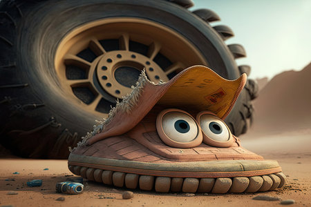 close-up of funny characters sandal, with tire in the background, created with generative aiの素材