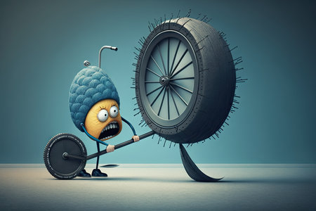 humorous character trying to balance on bicycle with unbalanced tire, created with generative aiの素材