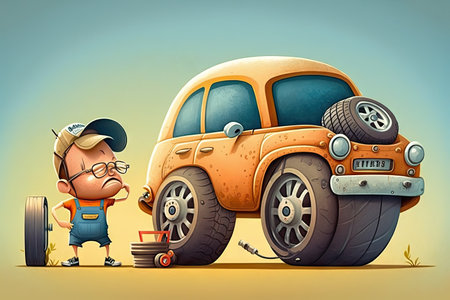 person, replacing the tires on their car for summer season, with funny cartoon illustration, created with generative aiの素材
