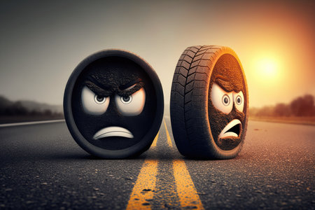 pair of tires on the hot asphalt, with the person behind the wheel and facial expression of fatigue, created with generative aiの素材