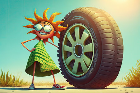 humorous character, having fun in the sun with new tire on their car, created with generative aiの素材