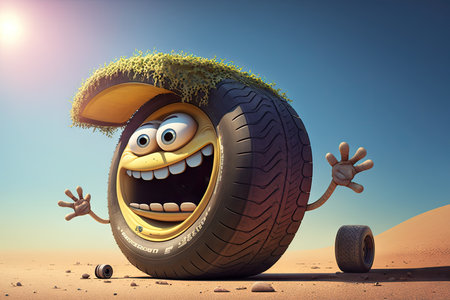 humorous character, having fun in the sun with new tire on their car, created with generative aiの素材