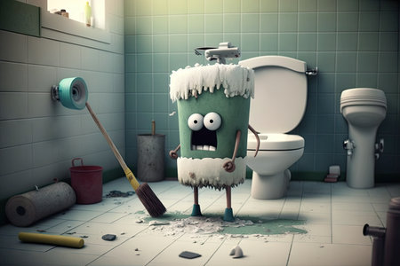 character, with toilet brush and plunger, in a messy bathroom, created with generative aiの素材