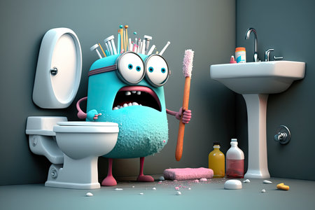 hilarious character cleaning toilet, with toothbrush and other supplies visible, created with generative aiの素材