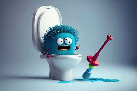person, cleaning toilet with funny character brush after party, created with generative aiの素材