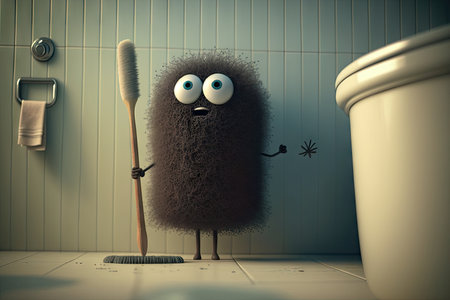a character toilet brush, holding a toothbrush, in the bathroom, created with generative aiの素材