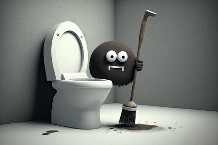 person, cleaning toilet bowl with character brush, in humorous and unexpected situation, created with generative aiの素材