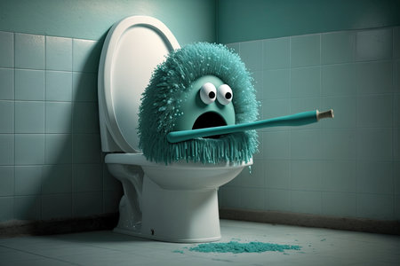 person, cleaning toilet bowl with character brush, in humorous and unexpected situation, created with generative aiの素材