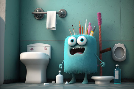 funny character bathroom, with toilet brush and other hygiene products on the ledge, created with generative aiの素材