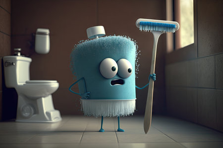character holding toilet brush, with toothbrush and paste visible in the background, created with generative aiの素材