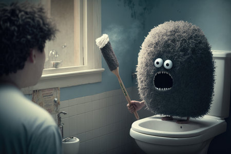 person, looking at toilet brush in horror, after discovering its true purpose, created with generative aiの素材