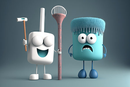 two funny characters, one holding the toilet brush, and the other with a plunger, created with generative aiの素材