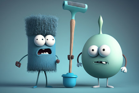 two funny characters, one holding the toilet brush, and the other with a plunger, created with generative aiの素材