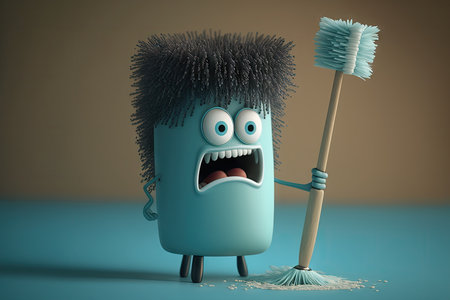 close-up of funny character toilet brush with its bristles in creative and humorous pose, created with generative aiの素材